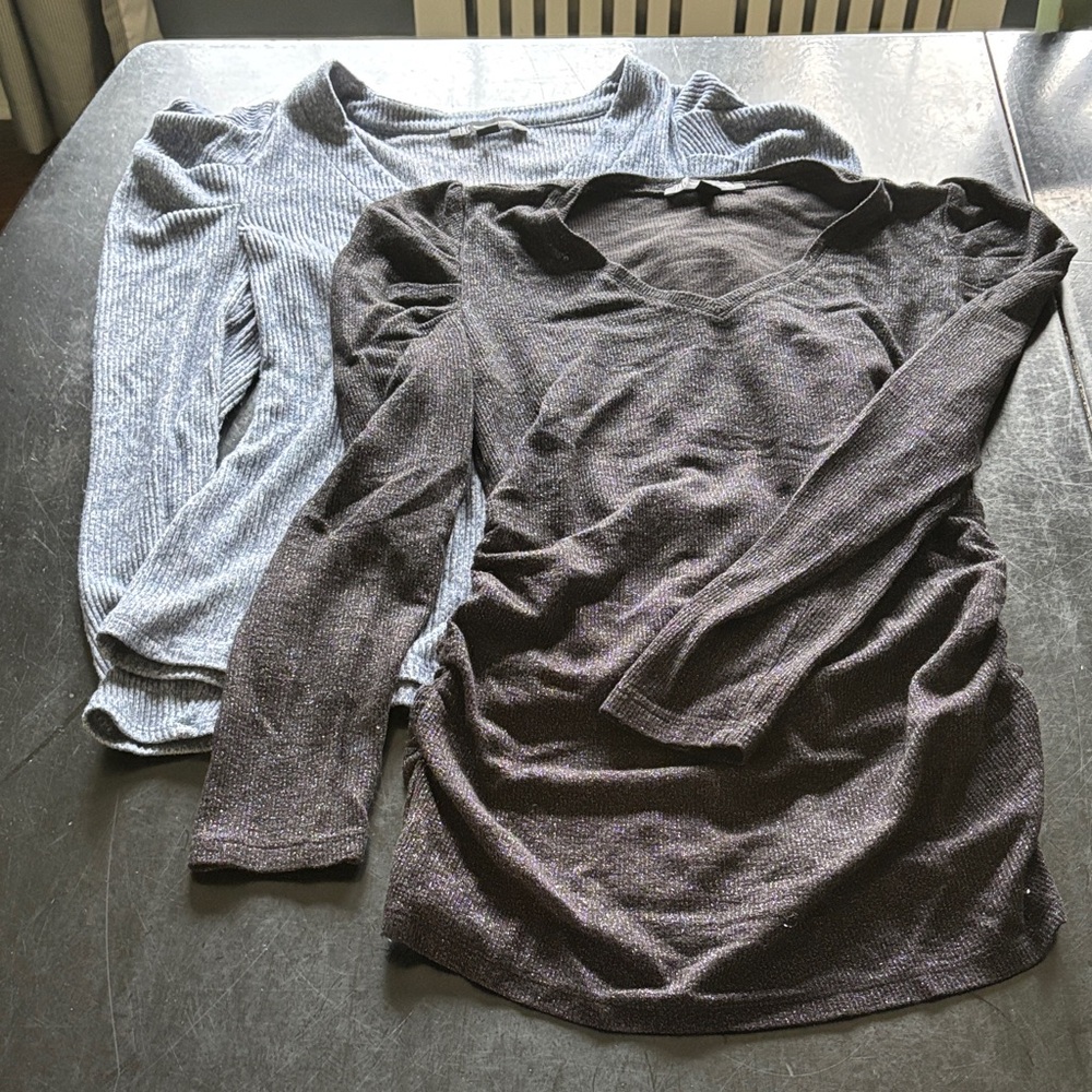 Lot of 2 INC Ribbed Long Puff Sleeve Knit Tops - Charcoal and Light Blue